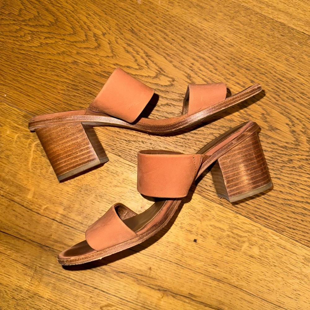 Joie Tan Real Leather Block Heel Slide Sandals - 38